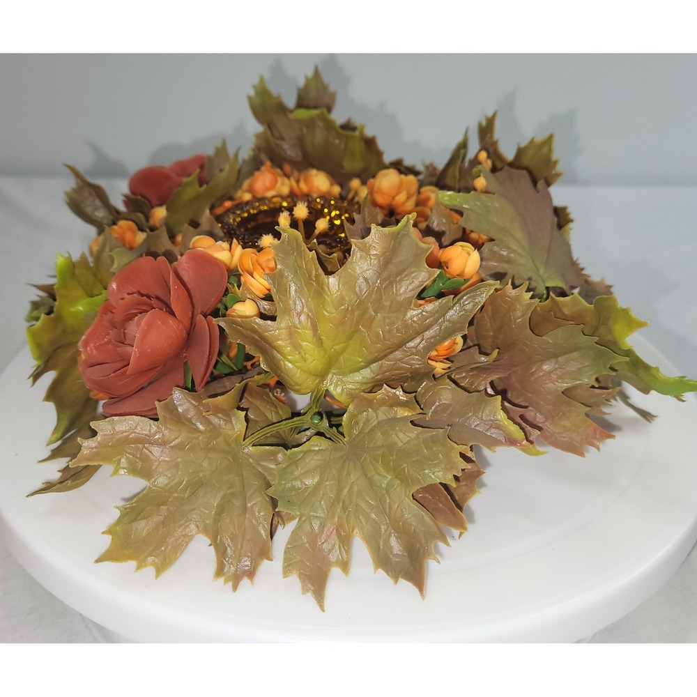 Autumn Floral Candle Ring Fall Decor Orange Brown Amber Holder Vtg Grannycore - Picture 2 of 12
